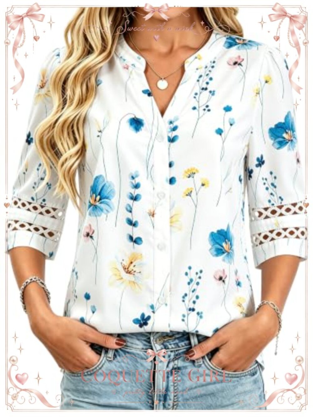 Women's Button Down Blouse 3/4 Sleeve V-Neck Lace Cuff Business Casual Top